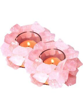 Rose Quartz Crystal Votive Candle Holder Set - Healing Gemstone Tealight Decor